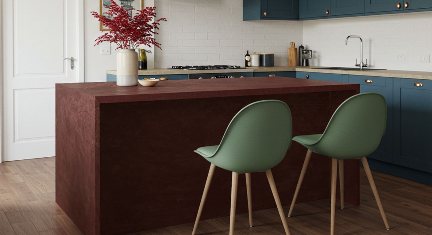 Modern kitchen with a red island, green chairs, and blue cabinets.