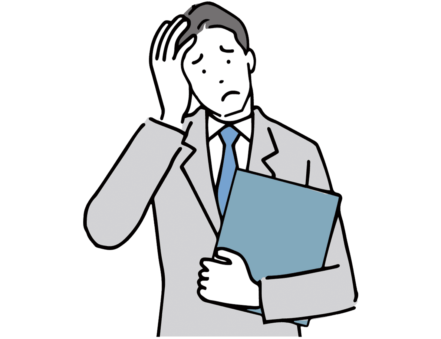 Illustration of a person in a suit holding a folder, with one hand on their head.