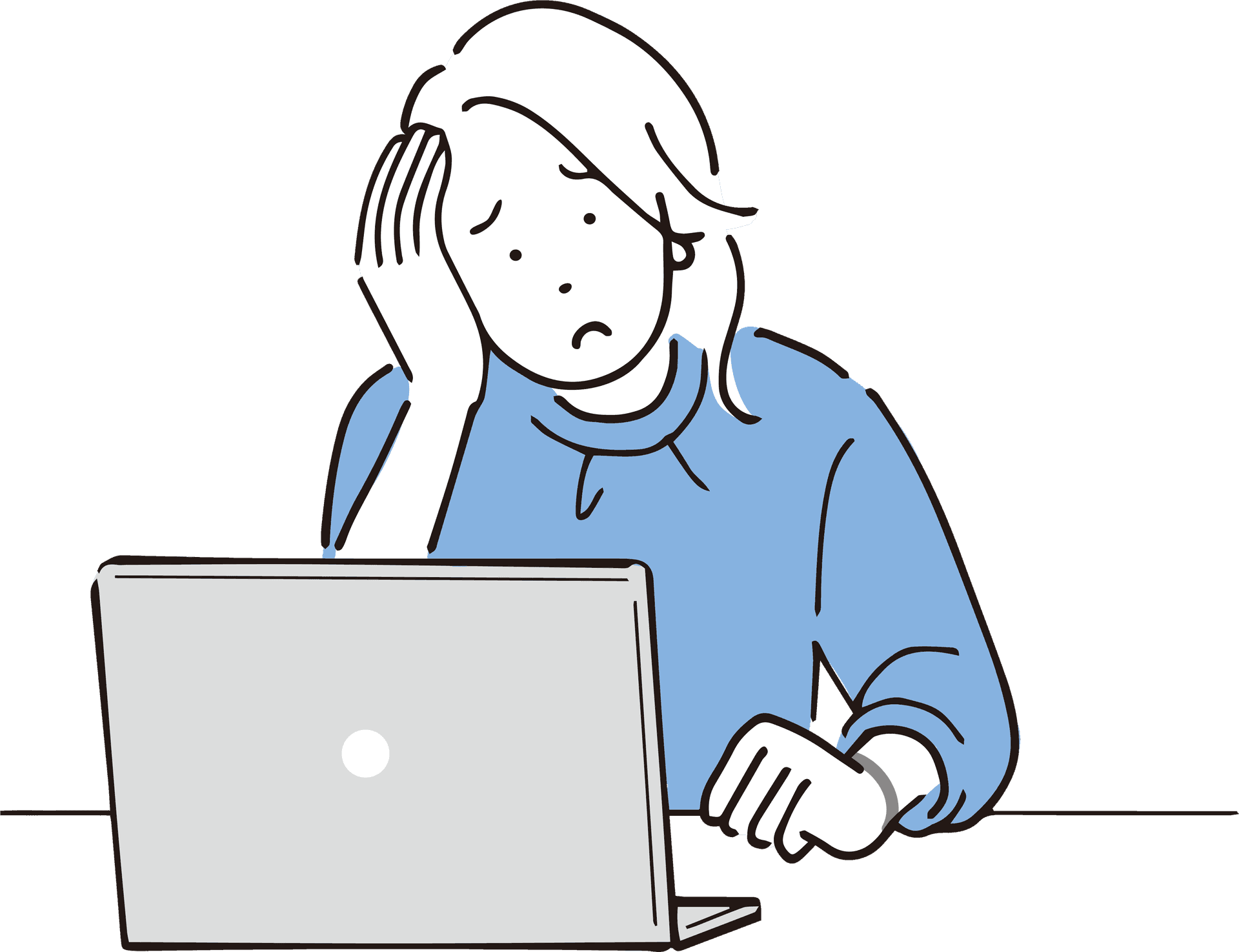 Illustration of a person with a worried expression sitting in front of a laptop.