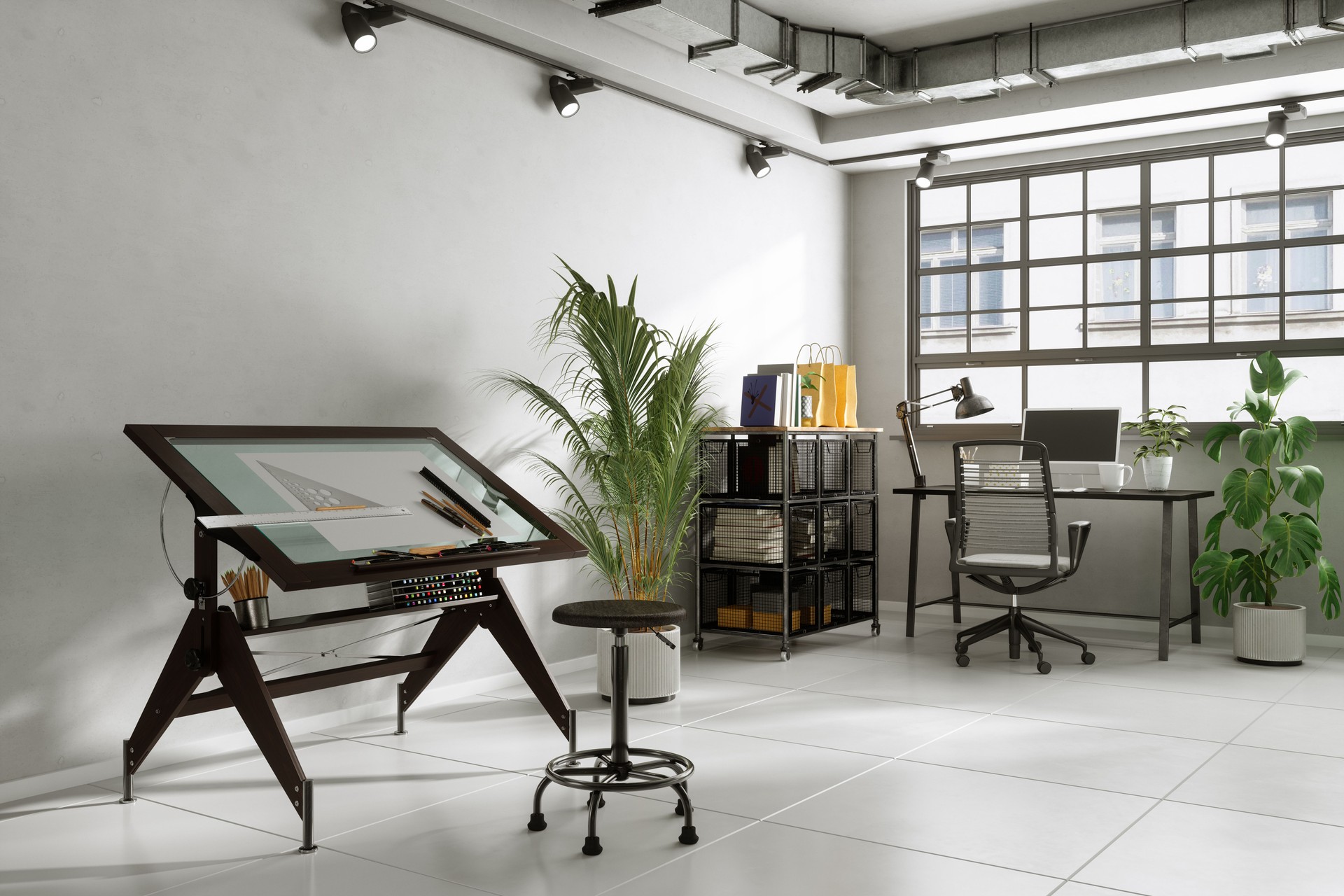 Office Interior With Drawing Board, Stool, Office Table, Computer And Houseplants